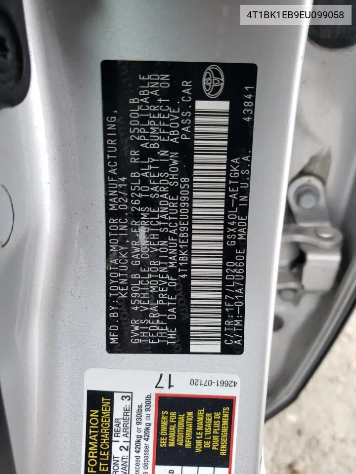 2014 Toyota Avalon Base VIN: 4T1BK1EB9EU099058 Lot: 65068605