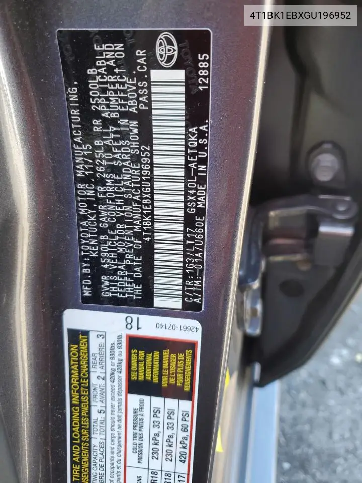 2016 Toyota Avalon Xle VIN: 4T1BK1EBXGU196952 Lot: 59051045