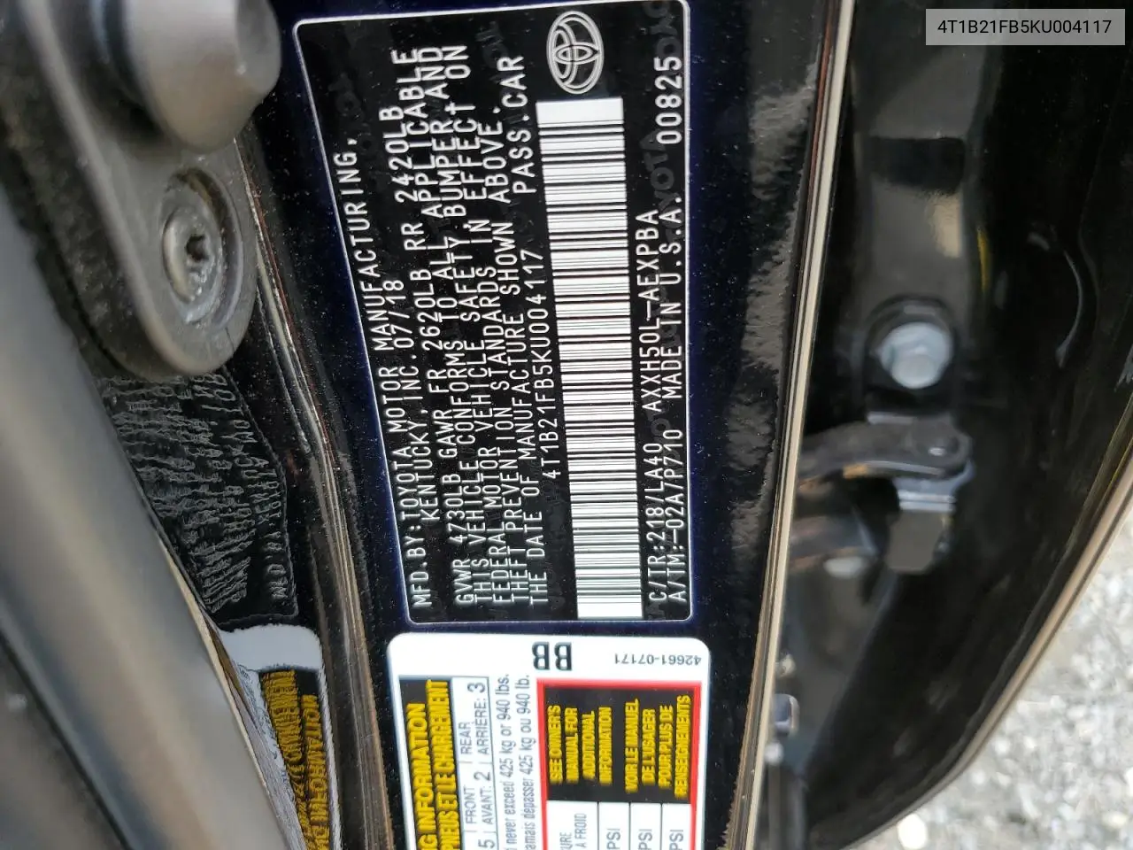 2019 Toyota Avalon Xle VIN: 4T1B21FB5KU004117 Lot: 62525295