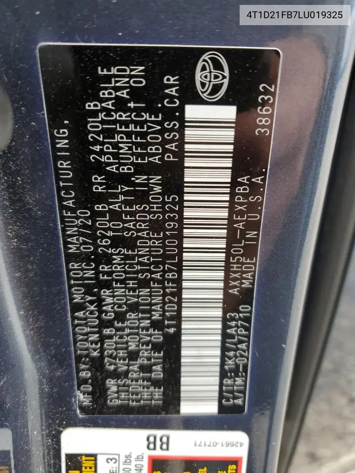 2020 Toyota Avalon Limited VIN: 4T1D21FB7LU019325 Lot: 62378695