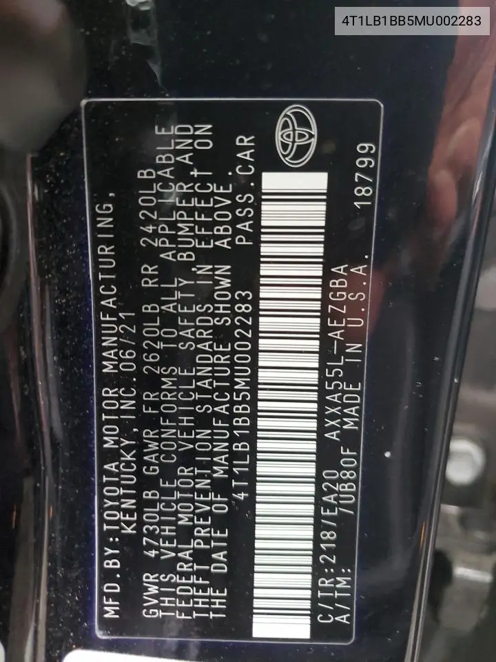 2021 Toyota Avalon Xle VIN: 4T1LB1BB5MU002283 Lot: 55590845