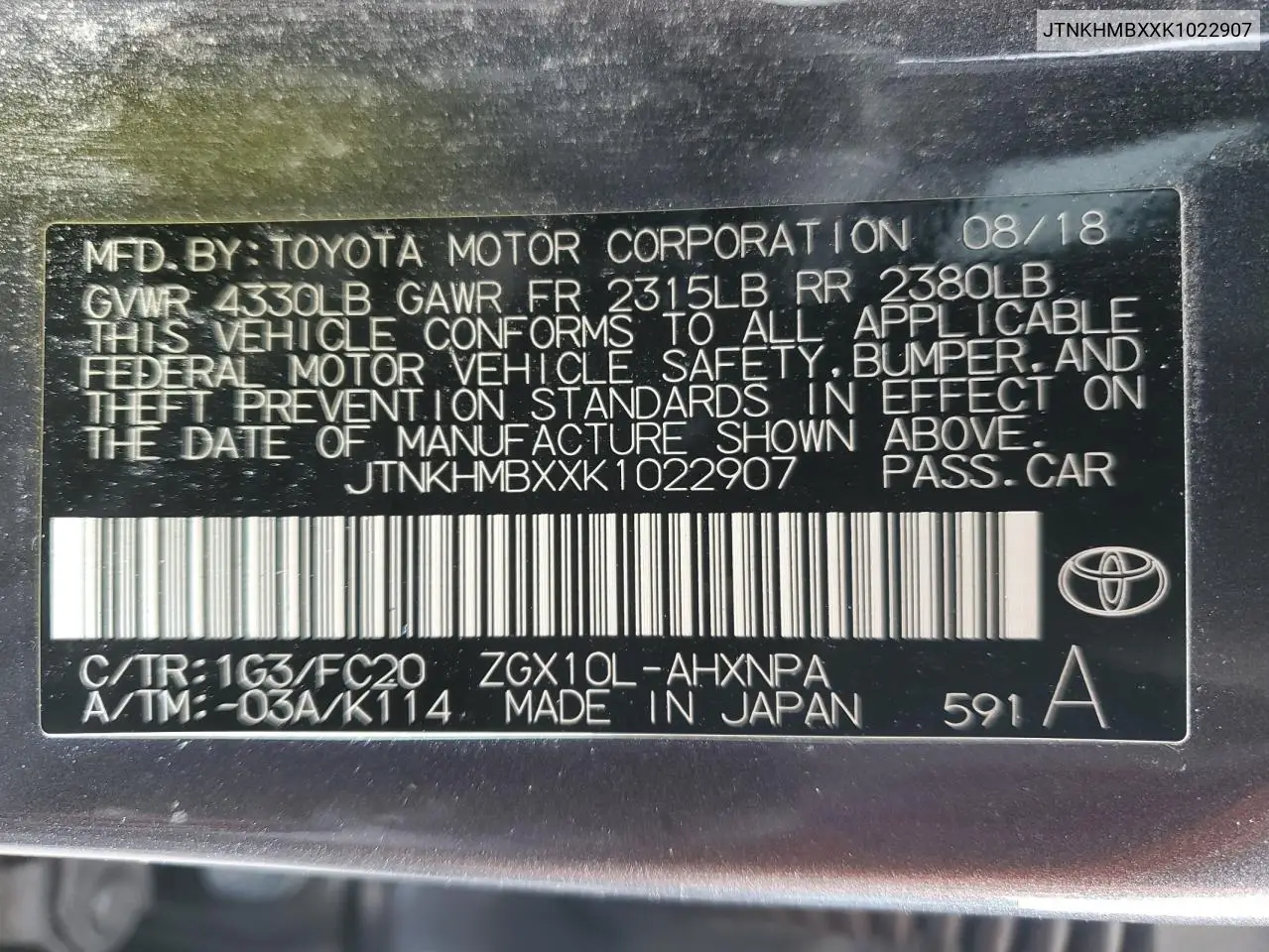 2019 Toyota C-Hr Xle VIN: JTNKHMBXXK1022907 Lot: 51096555