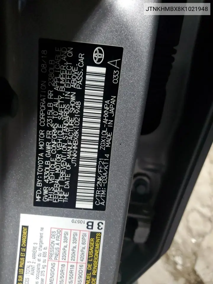 2019 Toyota C-Hr Xle VIN: JTNKHMBX8K1021948 Lot: 56488385