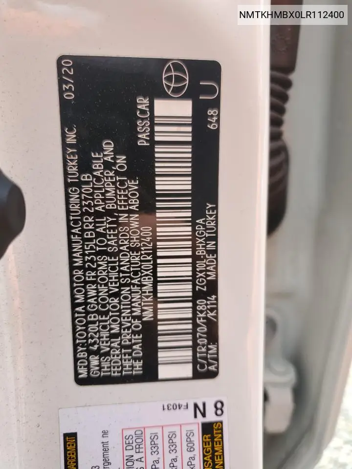 2020 Toyota C-Hr Xle VIN: NMTKHMBX0LR112400 Lot: 56395115