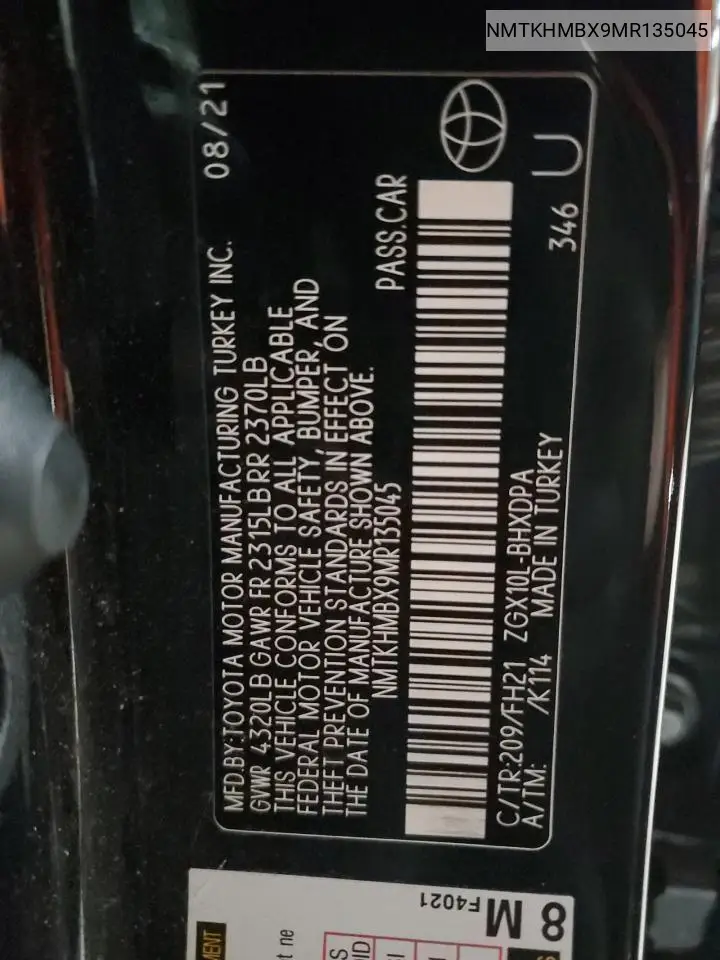 2021 Toyota C-Hr Xle VIN: NMTKHMBX9MR135045 Lot: 56756225