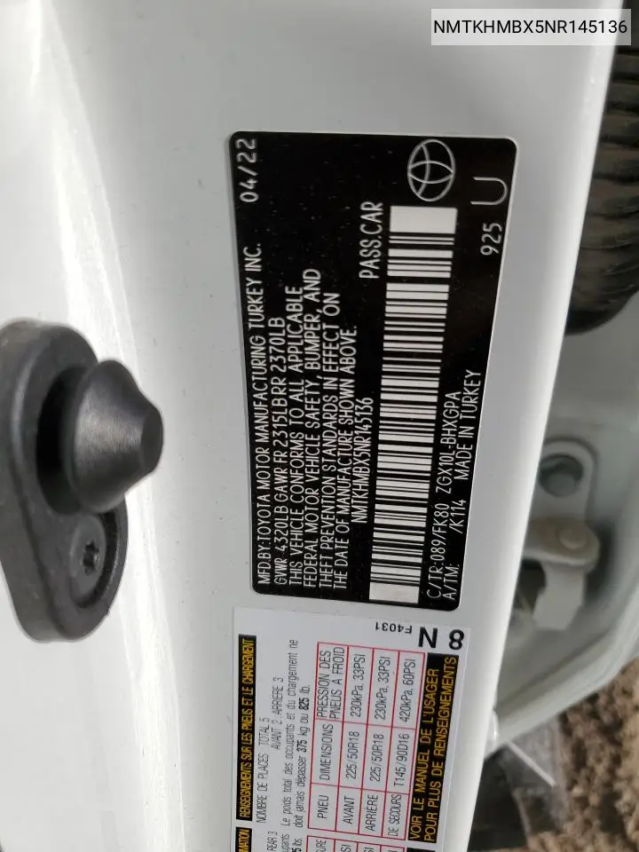 2022 Toyota C-Hr Xle VIN: NMTKHMBX5NR145136 Lot: 52697445