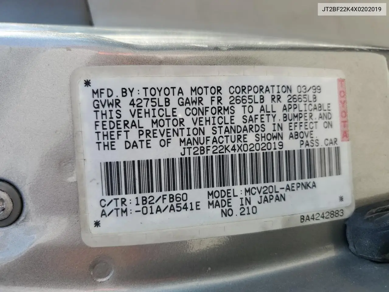 1999 Toyota Camry Le VIN: JT2BF22K4X0202019 Lot: 56104335