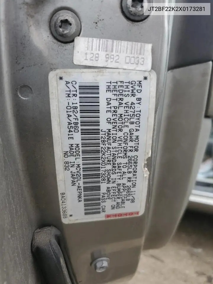 1999 Toyota Camry Le VIN: JT2BF22K2X0173281 Lot: 62668805