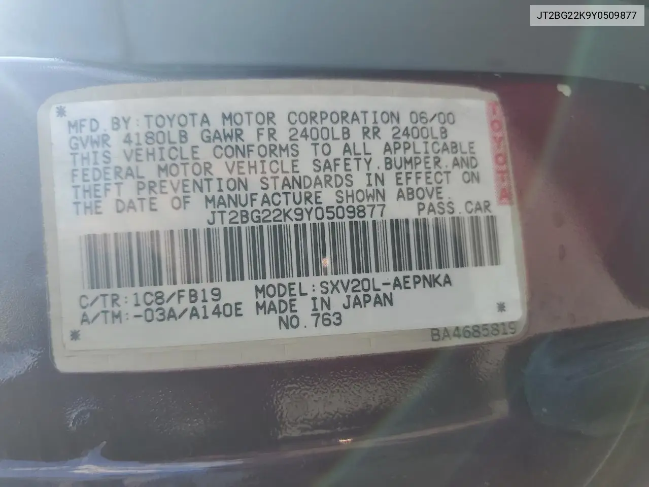 2000 Toyota Camry Ce VIN: JT2BG22K9Y0509877 Lot: 57040805