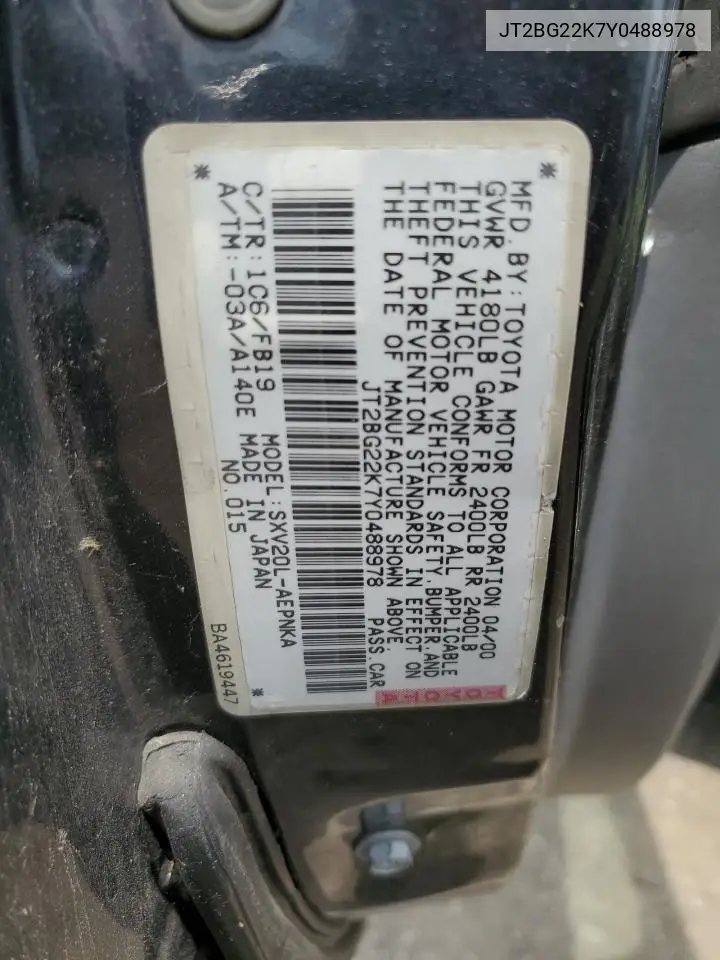 2000 Toyota Camry Ce VIN: JT2BG22K7Y0488978 Lot: 62672485