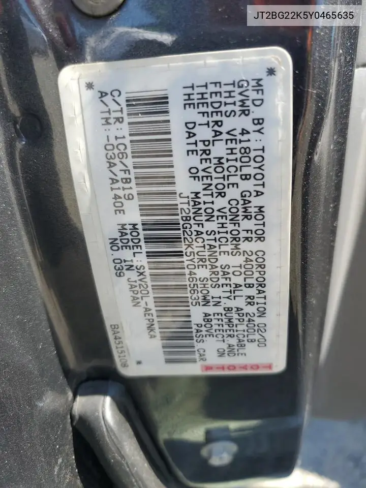 2000 Toyota Camry Ce VIN: JT2BG22K5Y0465635 Lot: 63313705