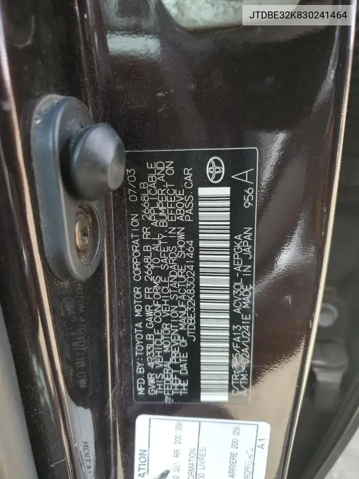 2003 Toyota Camry Le VIN: JTDBE32K830241464 Lot: 56765425