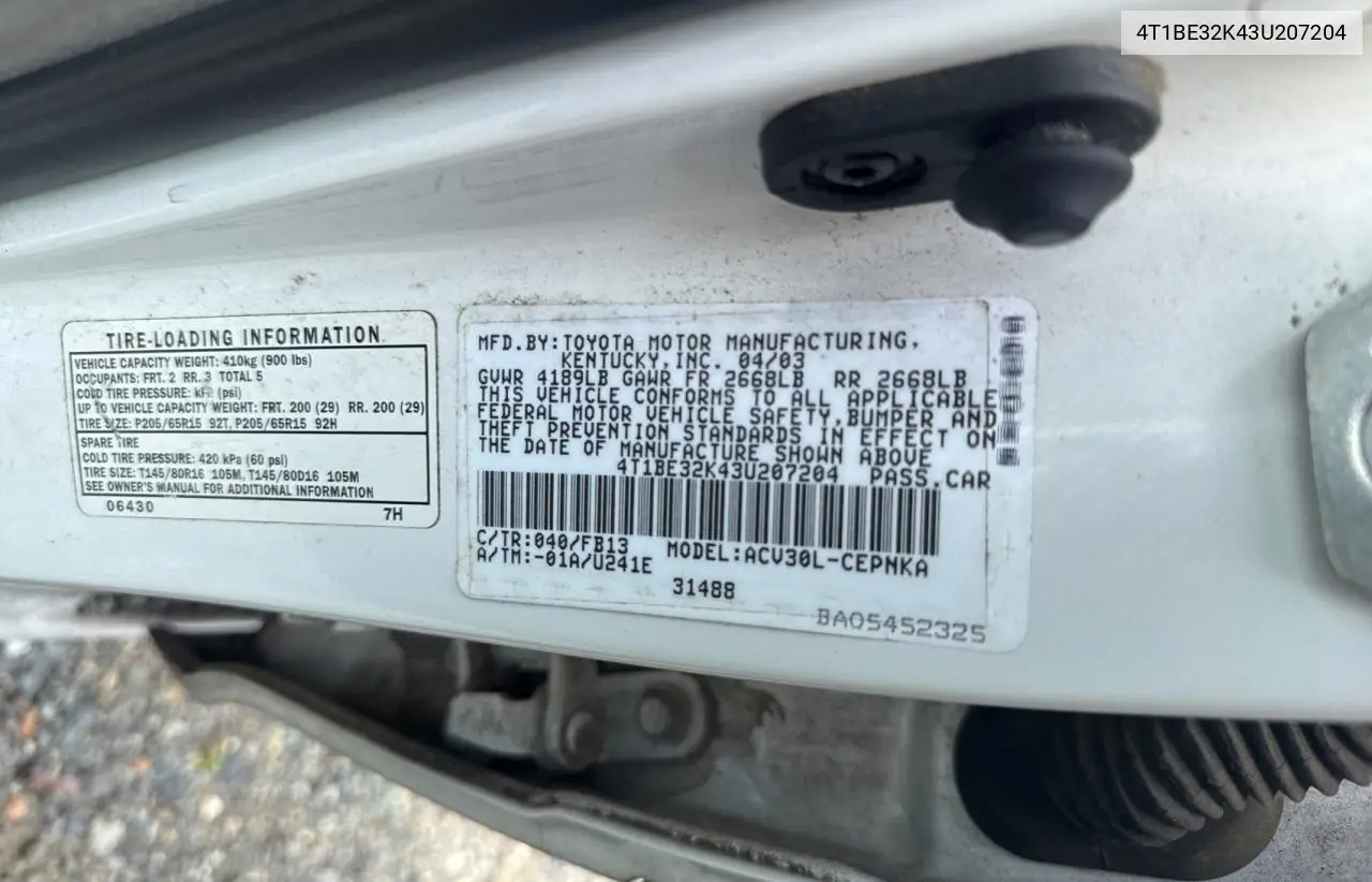 2003 Toyota Camry Le VIN: 4T1BE32K43U207204 Lot: 57167845