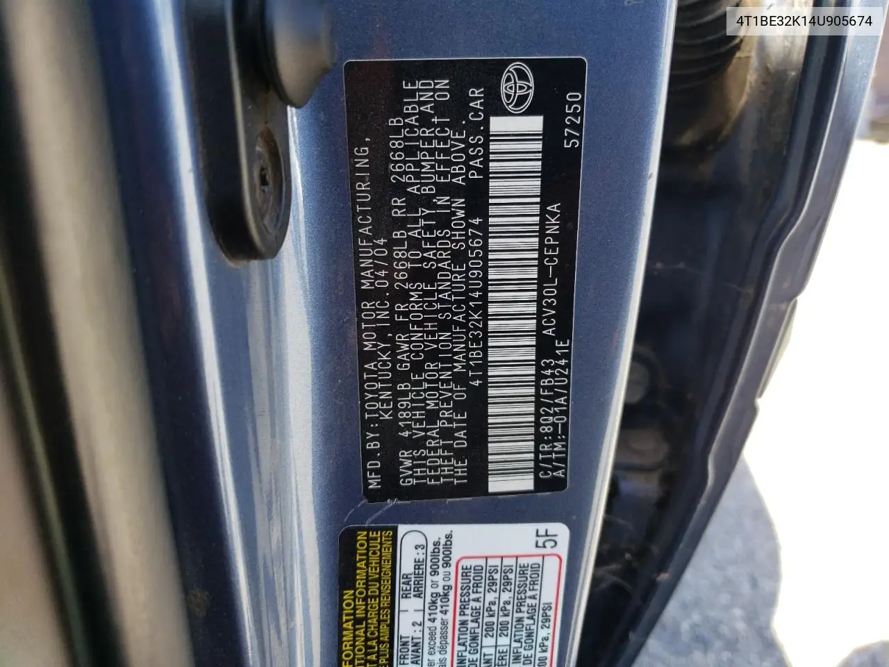 4t1be32k14u905674 4T1BE32K14U905674 2004 Toyota Camry Le