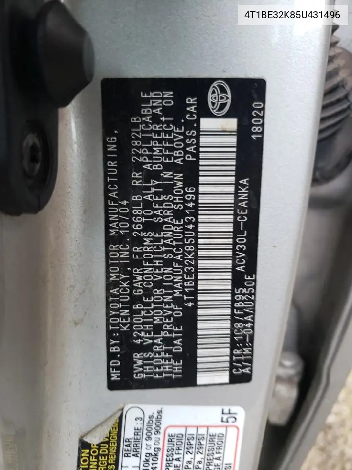 2005 Toyota Camry Le VIN: 4T1BE32K85U431496 Lot: 62141005