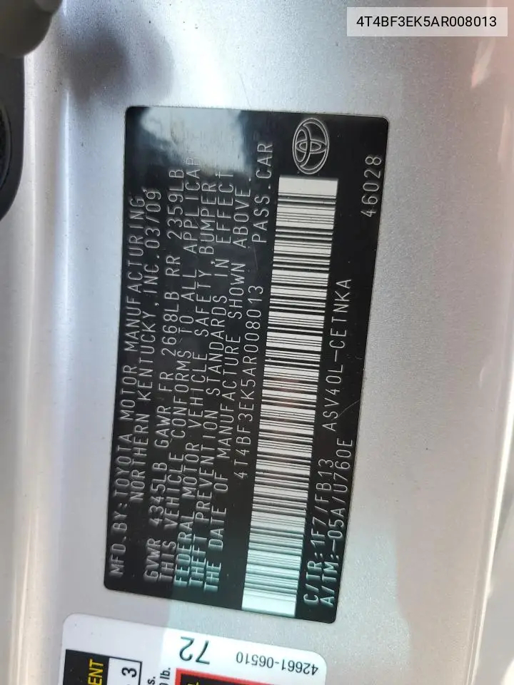 2010 Toyota Camry Base VIN: 4T4BF3EK5AR008013 Lot: 60236275