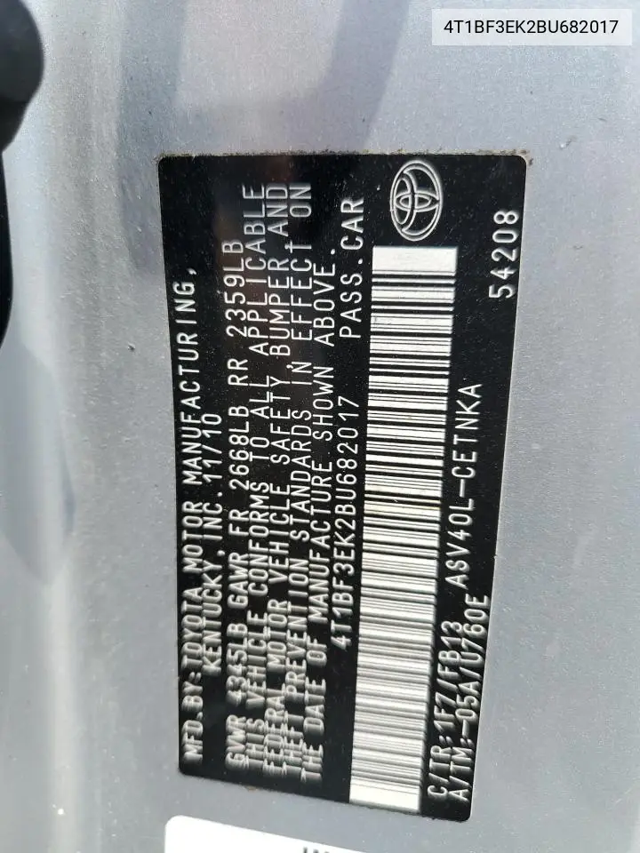 2011 Toyota Camry Base VIN: 4T1BF3EK2BU682017 Lot: 62238125