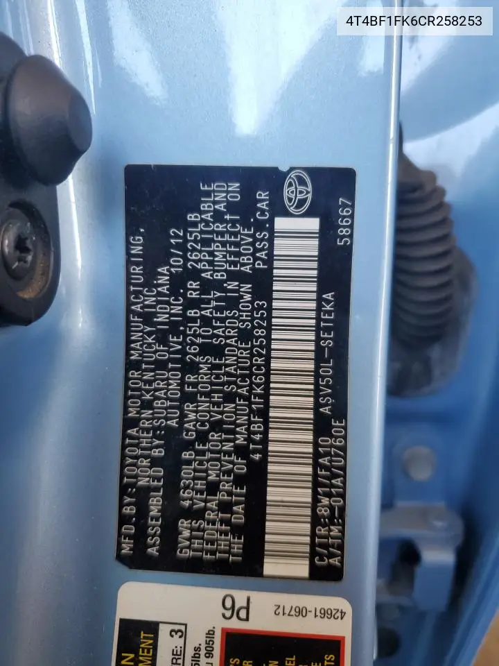 4t4bf1fk6cr258253 4T4BF1FK6CR258253 2012 Toyota Camry Base