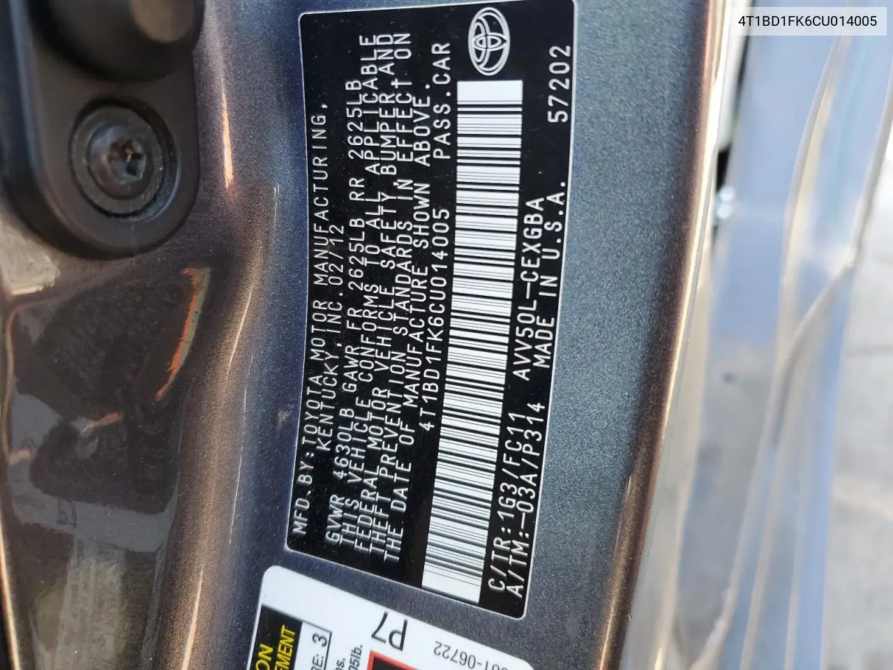 2012 Toyota Camry Hybrid VIN: 4T1BD1FK6CU014005 Lot: 56684975