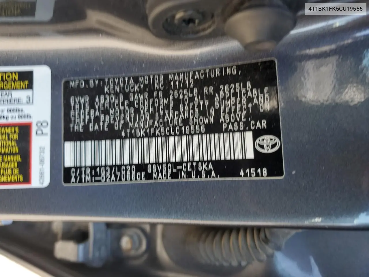 2012 Toyota Camry Se VIN: 4T1BK1FK5CU19556 Lot: 62182375