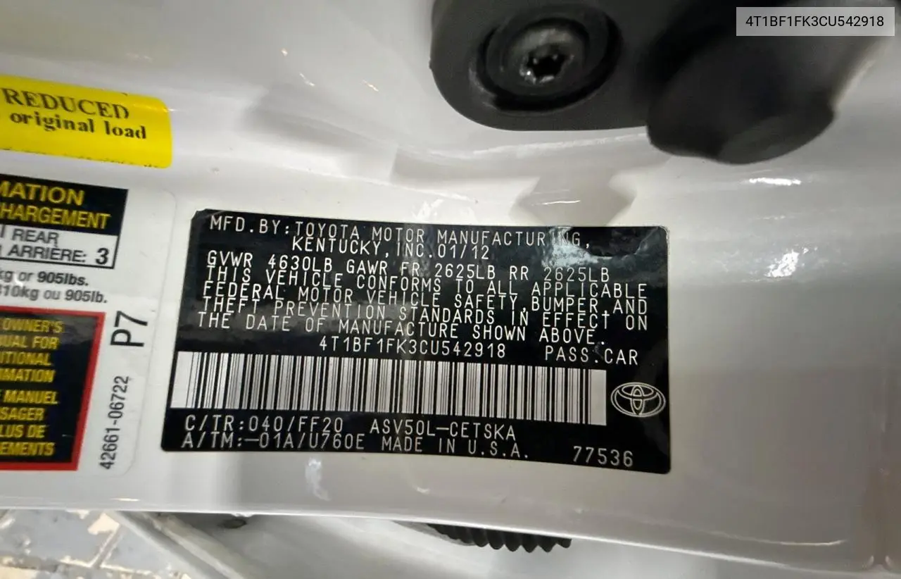 2012 Toyota Camry Base VIN: 4T1BF1FK3CU542918 Lot: 63531375