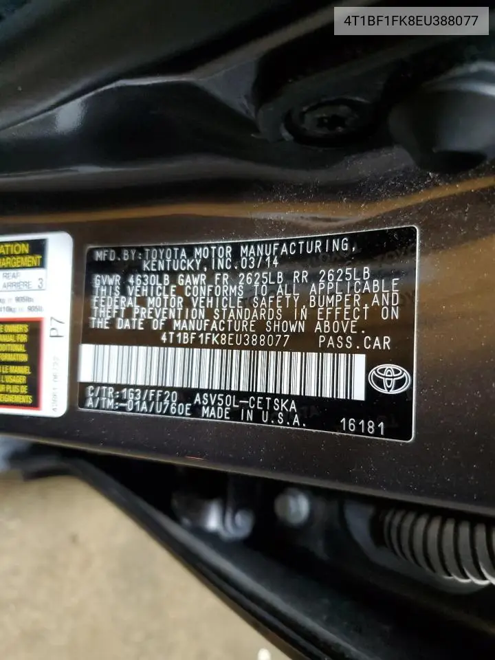 2014 Toyota Camry L VIN: 4T1BF1FK8EU388077 Lot: 62684105