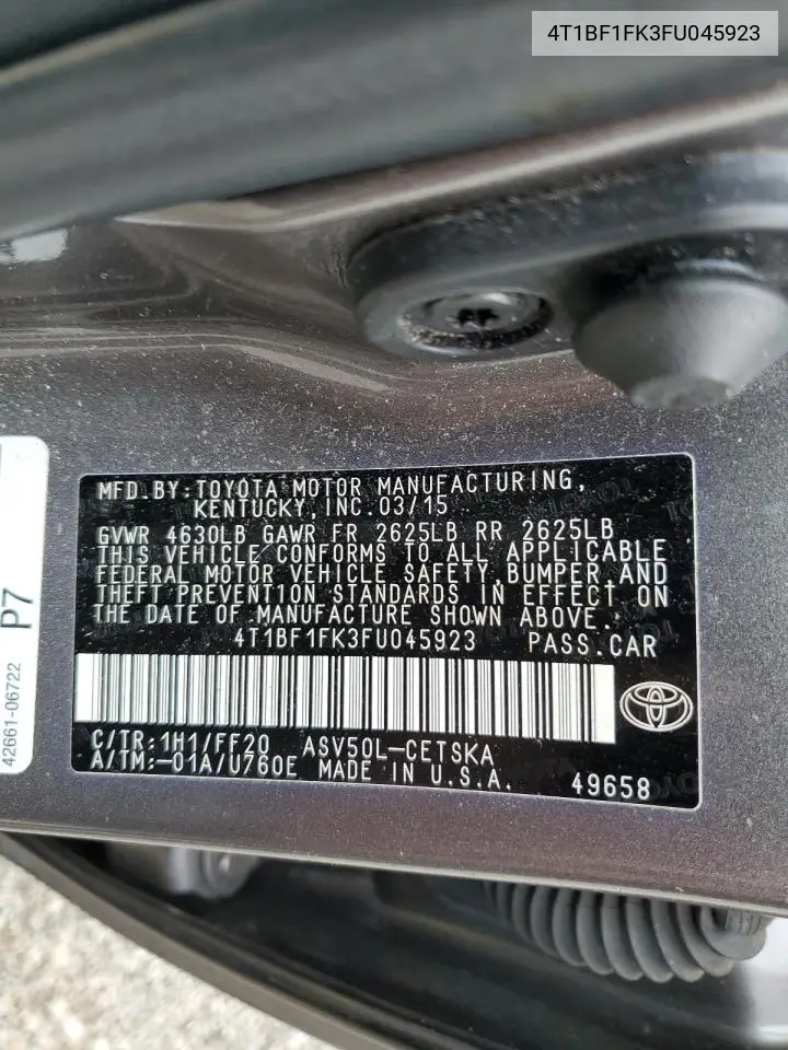 2015 Toyota Camry Le VIN: 4T1BF1FK3FU045923 Lot: 57099885
