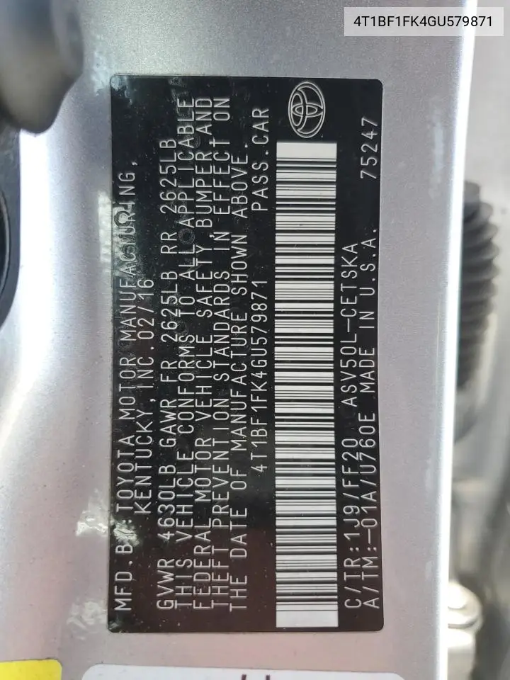 2016 Toyota Camry Le VIN: 4T1BF1FK4GU579871 Lot: 62411455