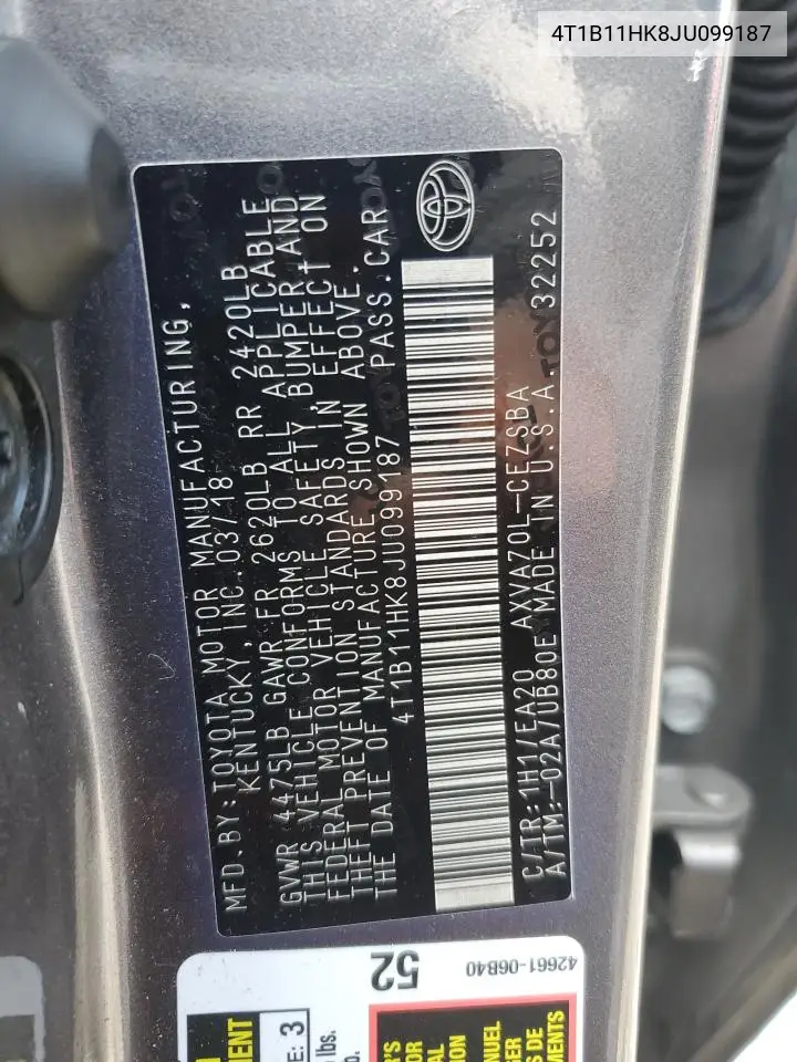 2018 Toyota Camry L VIN: 4T1B11HK8JU099187 Lot: 62968485