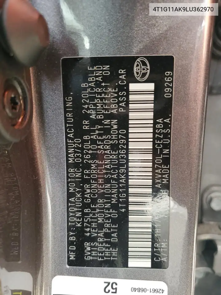 2020 Toyota Camry Se VIN: 4T1G11AK9LU362970 Lot: 56836025