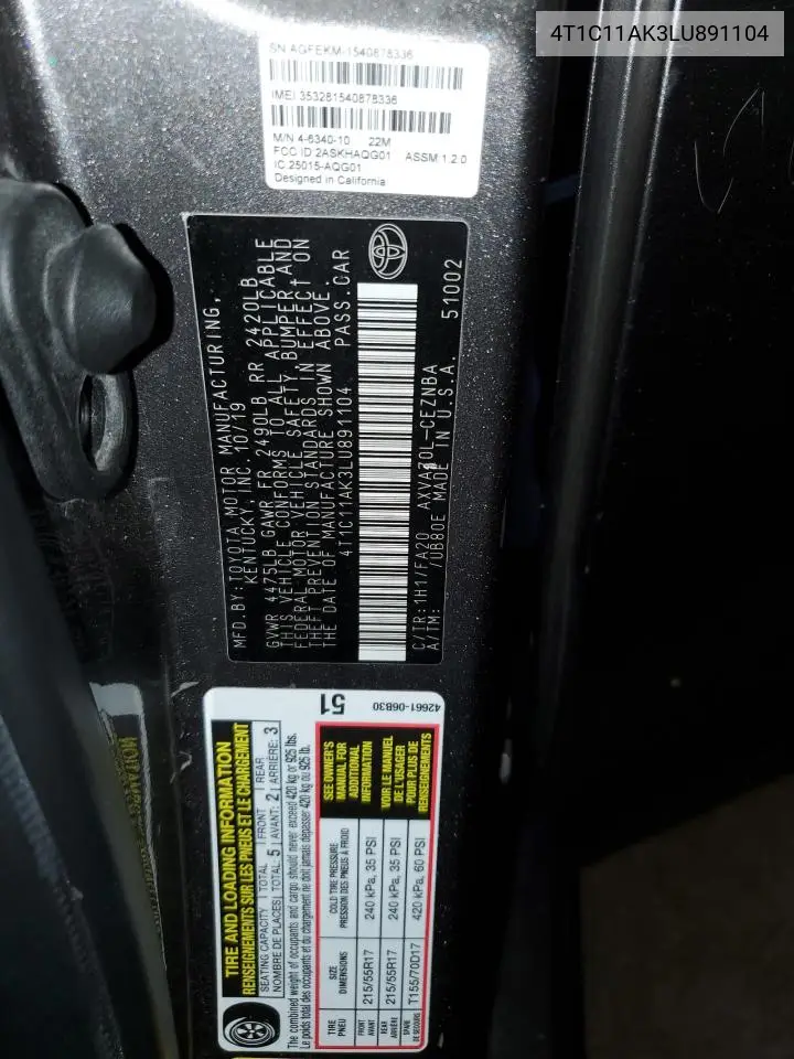 2020 Toyota Camry Le VIN: 4T1C11AK3LU891104 Lot: 62775965