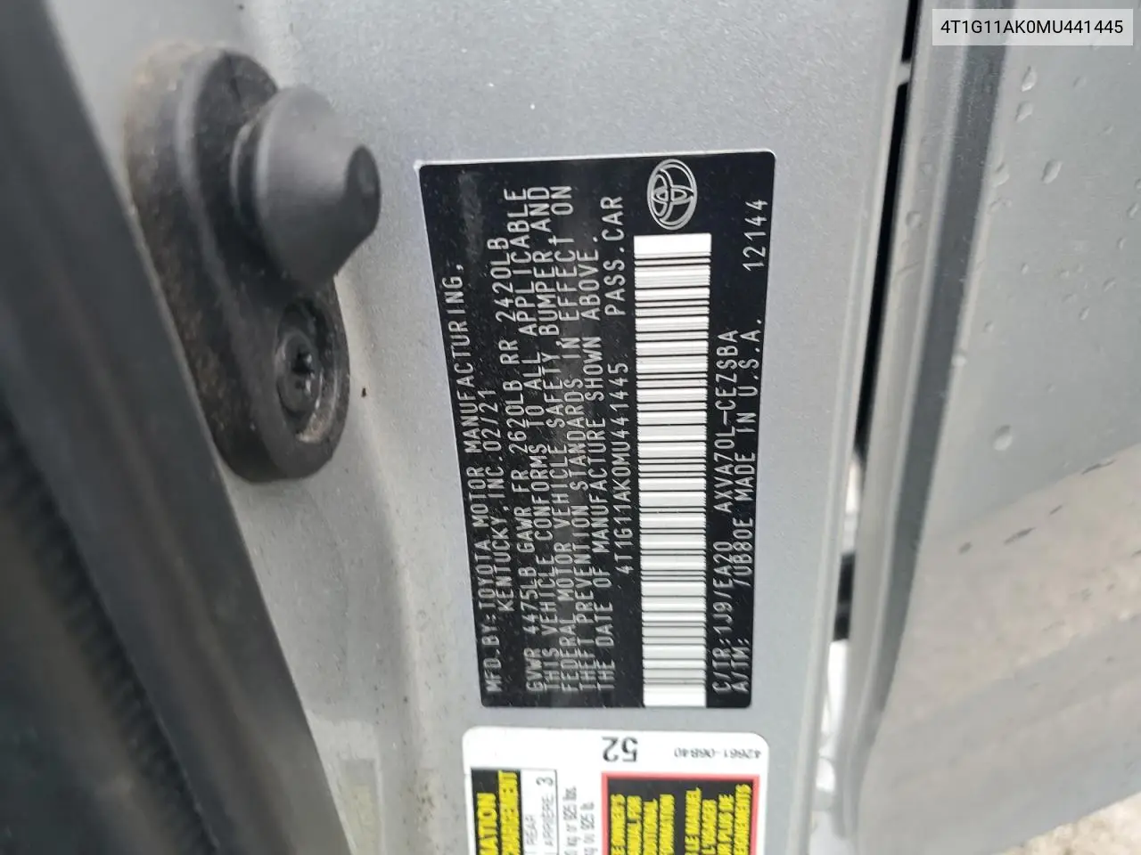 2021 Toyota Camry Se VIN: 4T1G11AK0MU441445 Lot: 54542205