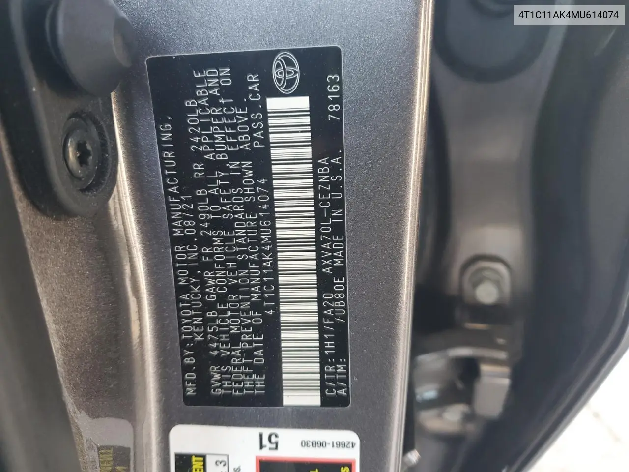 2021 Toyota Camry Le VIN: 4T1C11AK4MU614074 Lot: 57052585