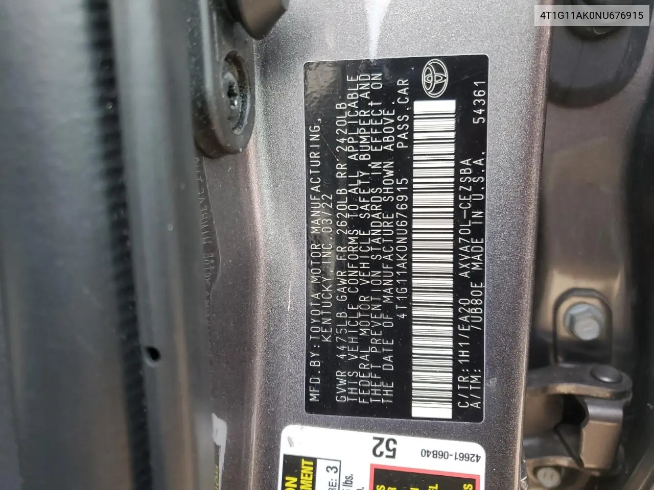 2022 Toyota Camry Se VIN: 4T1G11AK0NU676915 Lot: 57046605