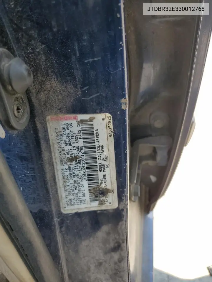 2003 Toyota Corolla Ce VIN: JTDBR32E330012768 Lot: 61213835