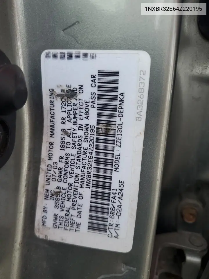 2004 Toyota Corolla Ce VIN: 1NXBR32E64Z220195 Lot: 56362655