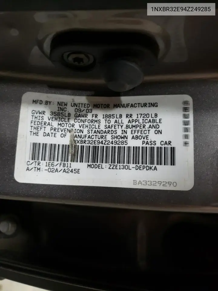 2004 Toyota Corolla Ce VIN: 1NXBR32E94Z249285 Lot: 56840565