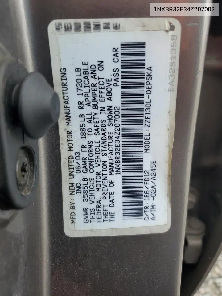 2004 Toyota Corolla Ce VIN: 1NXBR32E34Z207002 Lot: 65583545