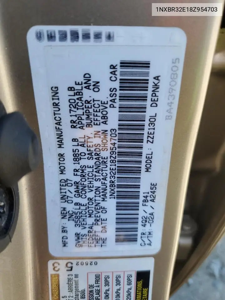 2008 Toyota Corolla Ce VIN: 1NXBR32E18Z954703 Lot: 62953085
