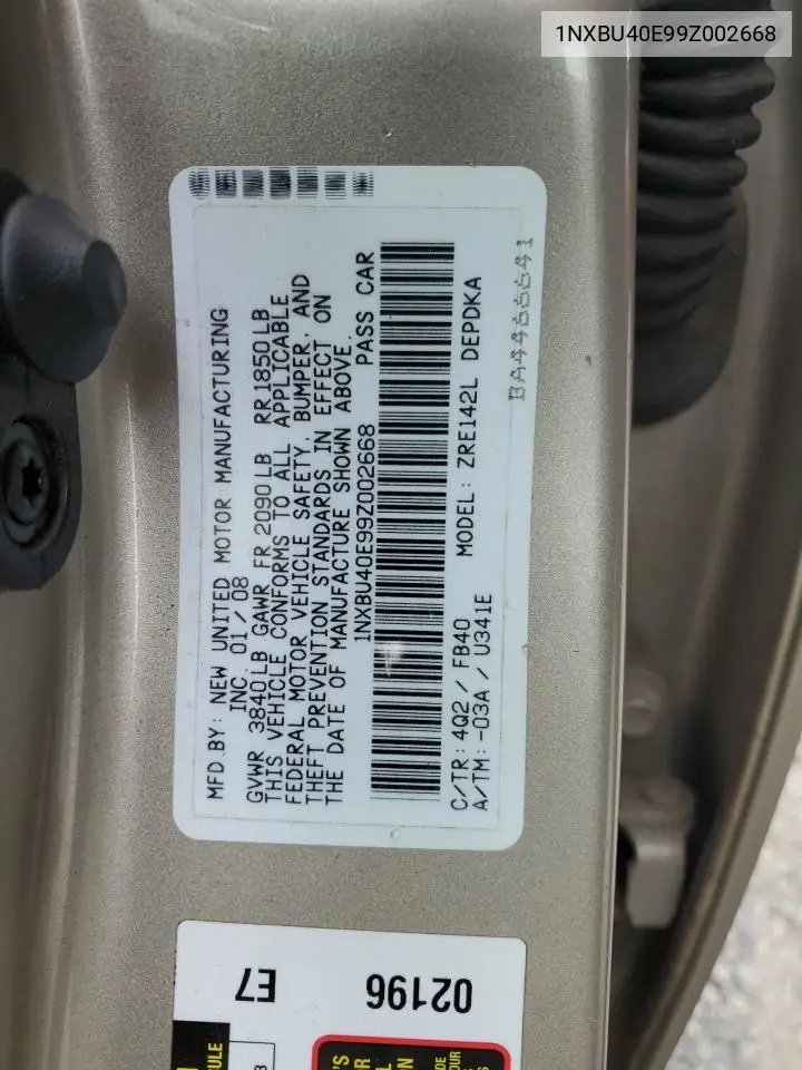 2009 Toyota Corolla Base VIN: 1NXBU40E99Z002668 Lot: 56931915
