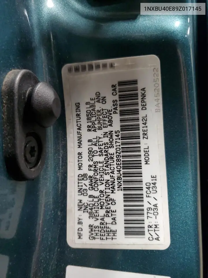 2009 Toyota Corolla Base VIN: 1NXBU40E89Z017145 Lot: 57084015