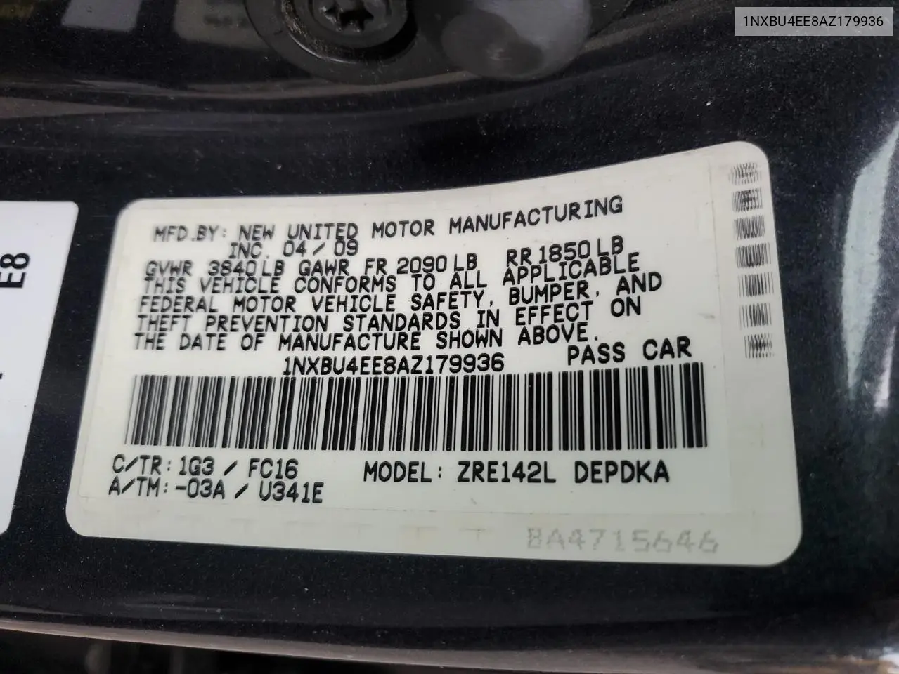2010 Toyota Corolla Base VIN: 1NXBU4EE8AZ179936 Lot: 56011385