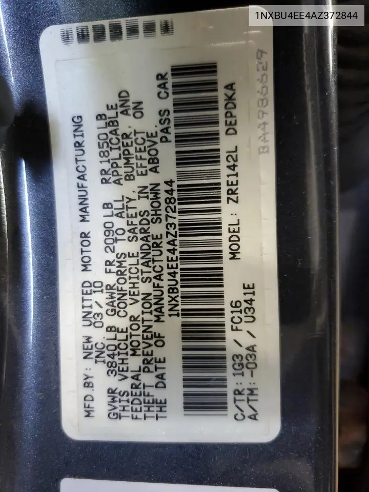 2010 Toyota Corolla Base VIN: 1NXBU4EE4AZ372844 Lot: 62207435