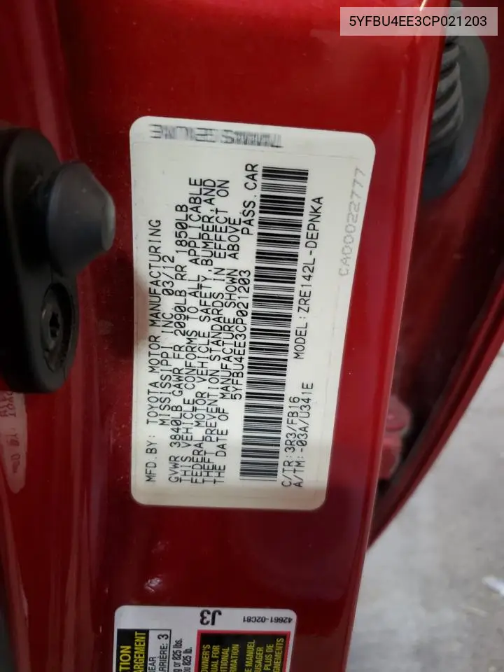 2012 Toyota Corolla Base VIN: 5YFBU4EE3CP021203 Lot: 63020875