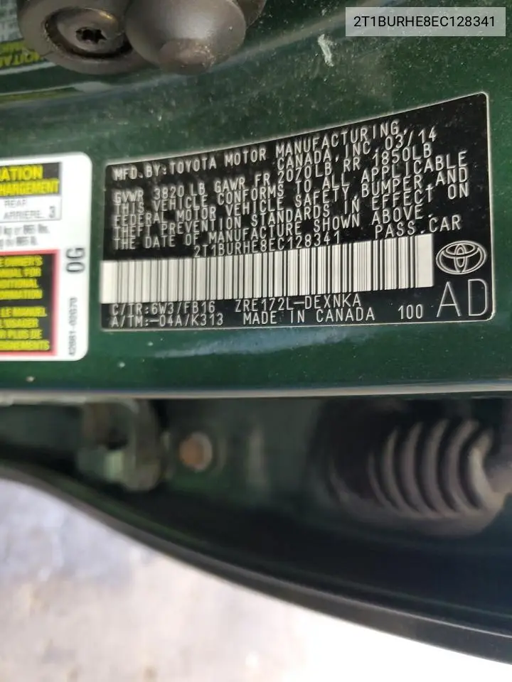 2014 Toyota Corolla L VIN: 2T1BURHE8EC128341 Lot: 57077265