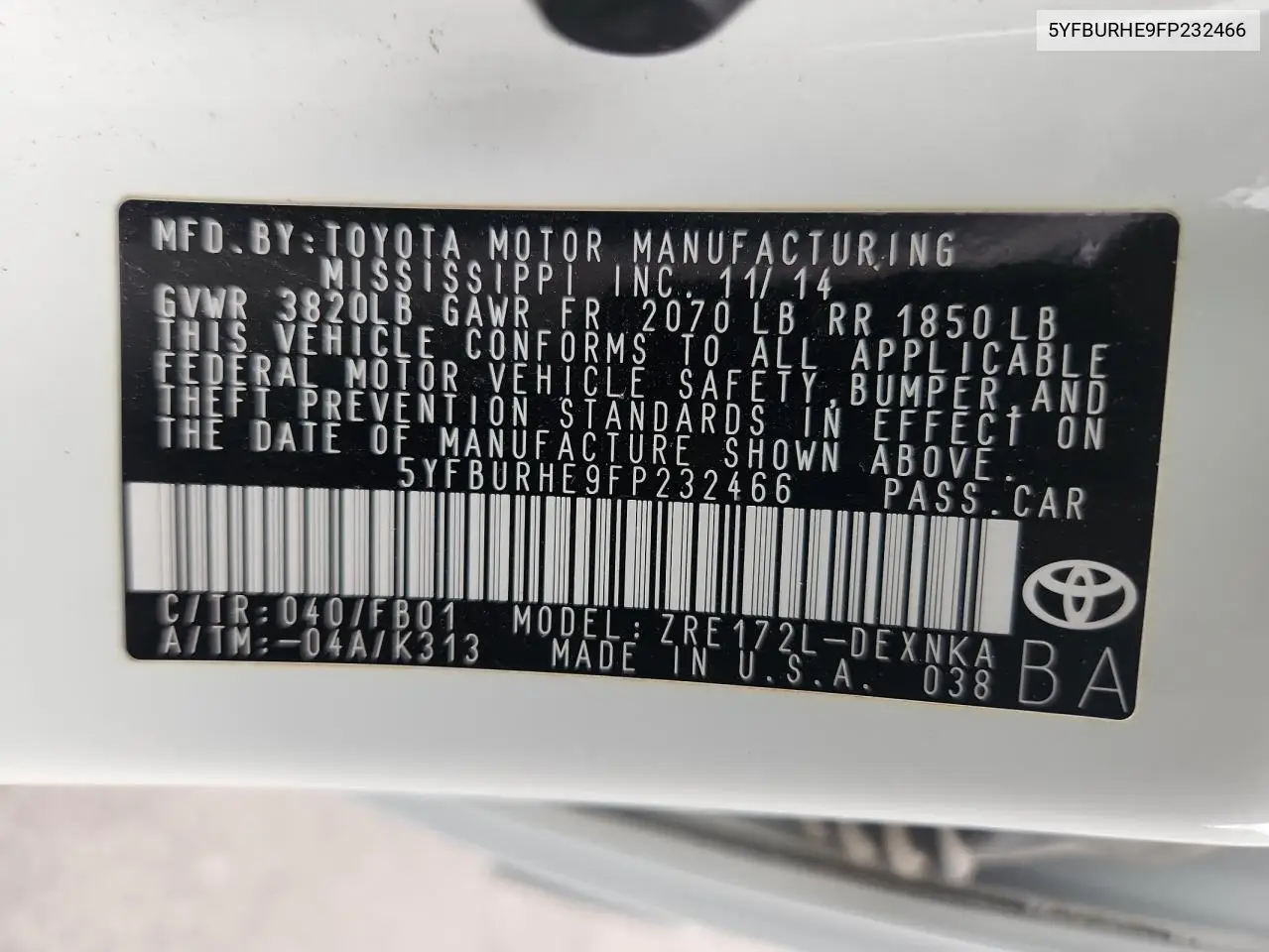 2015 Toyota Corolla L VIN: 5YFBURHE9FP232466 Lot: 63127505