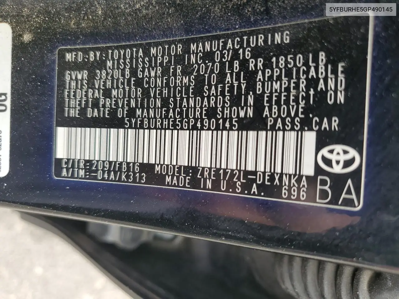 2016 Toyota Corolla L VIN: 5YFBURHE5GP490145 Lot: 63449375