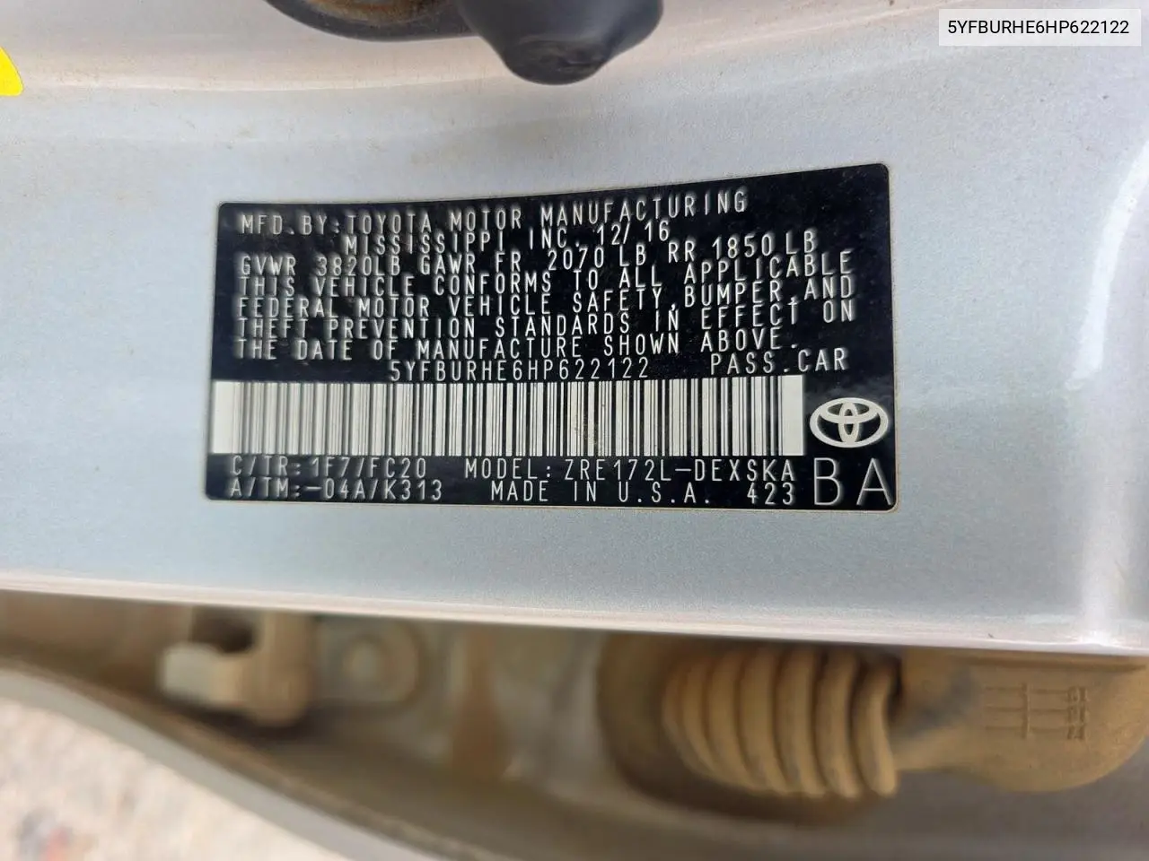 2017 Toyota Corolla L VIN: 5YFBURHE6HP622122 Lot: 63535595