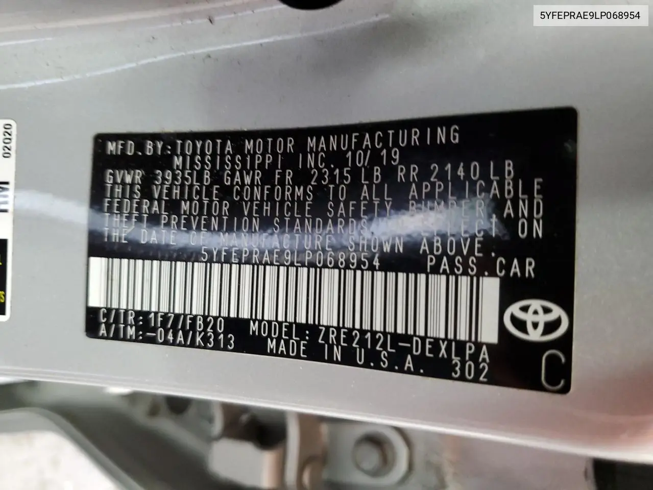 2020 Toyota Corolla Le VIN: 5YFEPRAE9LP068954 Lot: 62894885