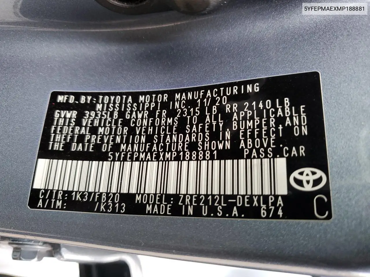 2021 Toyota Corolla Le VIN: 5YFEPMAEXMP188881 Lot: 56760935